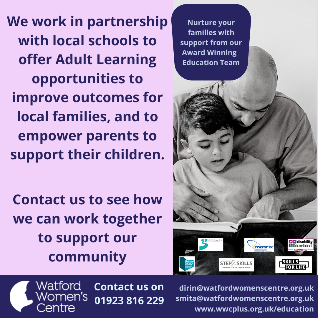 We work in partnership with local schools to offer Adult Learning opportunities to improve outcomes for local families. www.wwcplus.org.uk/education Most of our courses are funded by Step 2 Skills. https://www.hertfordshire.gov.uk/microsites/adult-learning/step2skills-home.aspx #community #adultlearning #partnership #localschools